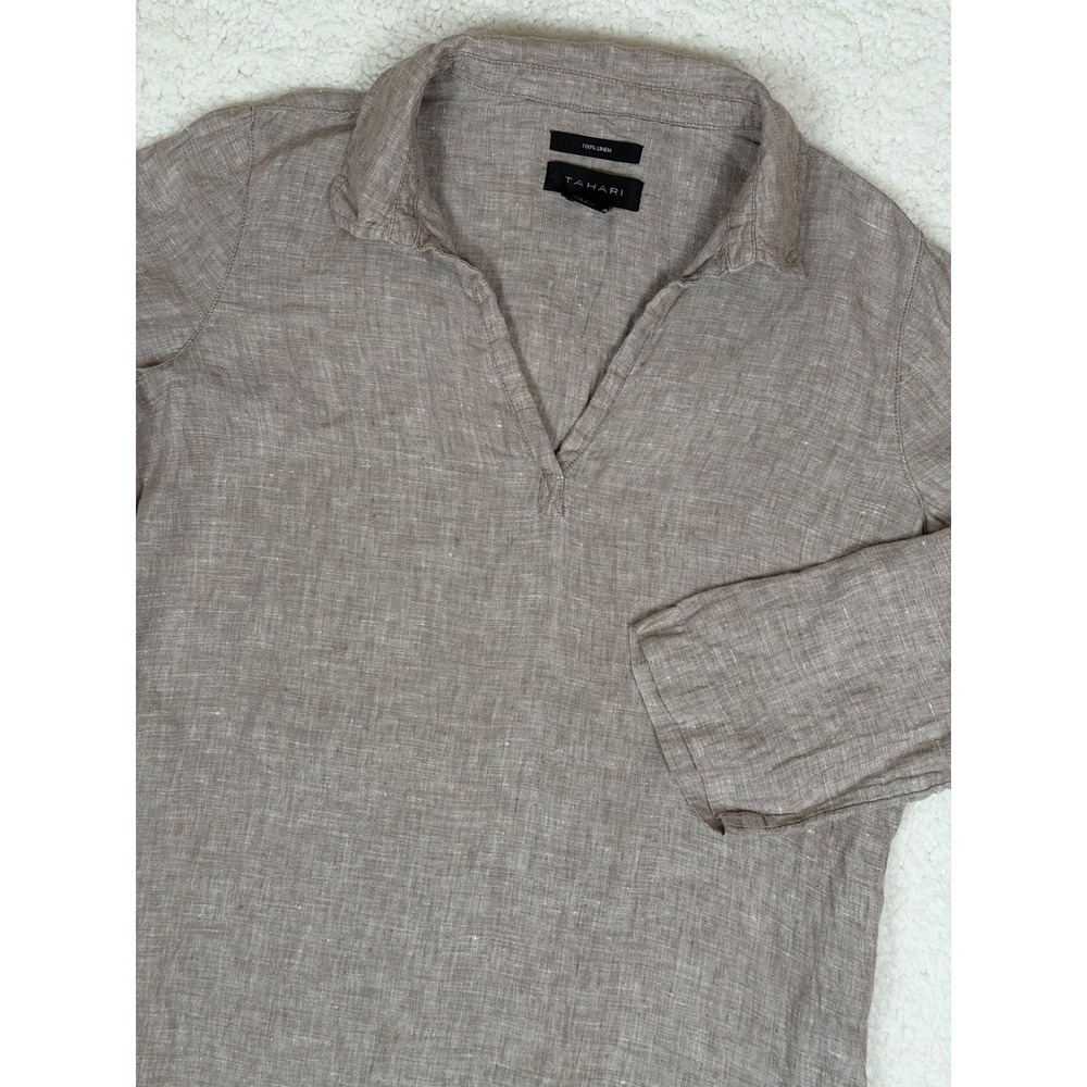 Tahari Sz S Linen V-Neck 3/4 Sleeve Top Side-Button Pullover Lagenlook